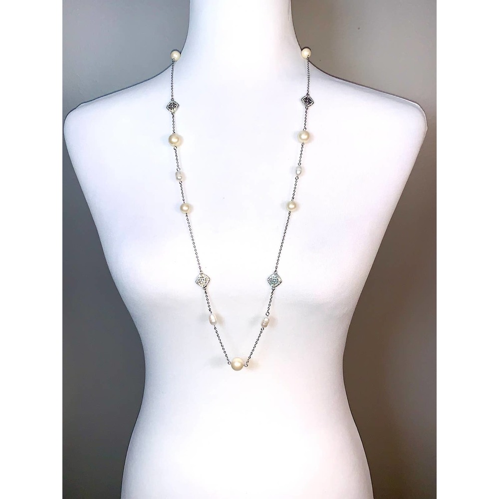 Carolee Silver Freshwater Pearl Crystal Station Statement Necklace EUC - Picture 2 of 8